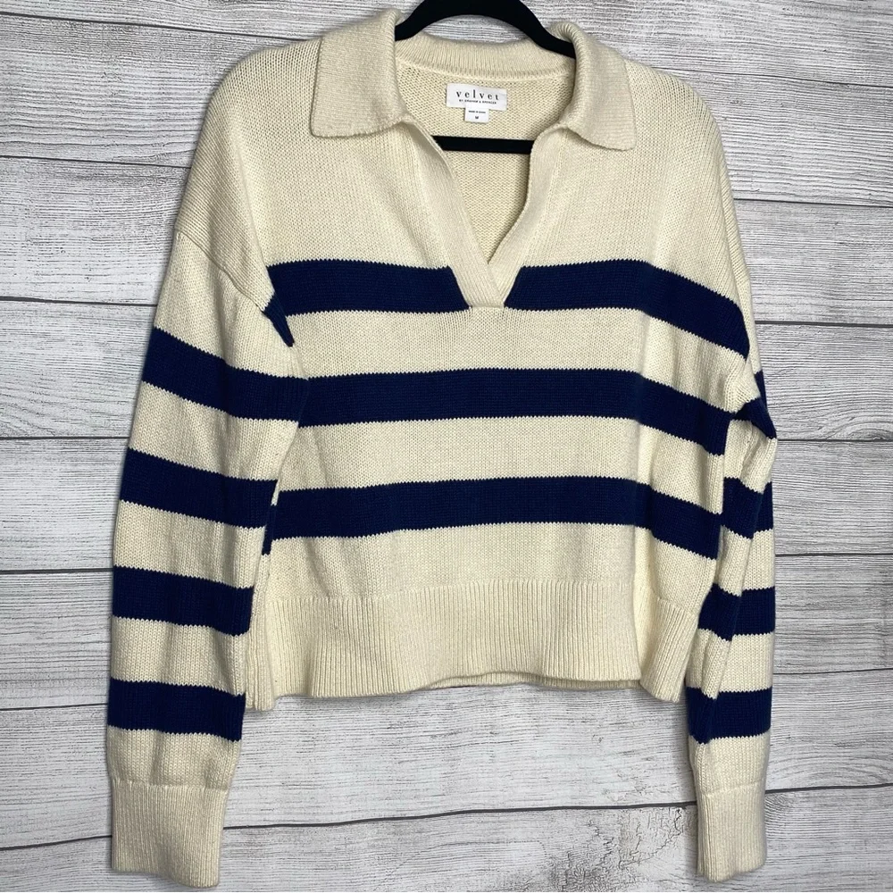 Velvet by Graham & Spencer Navy/White Cashmere Blend Old Money Coastal Nautical - Picture 3 of 9